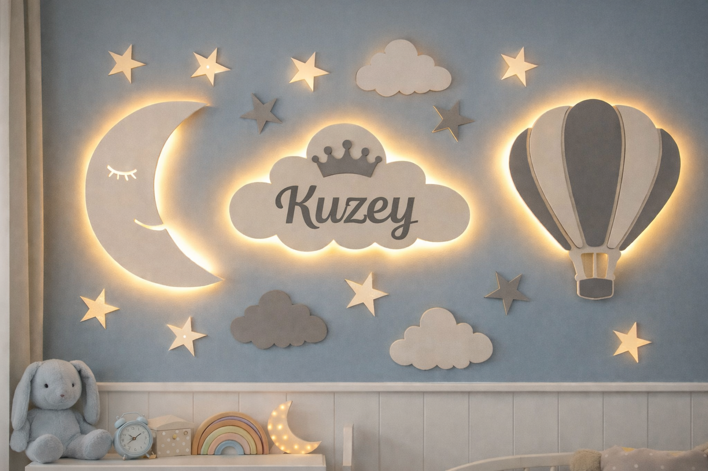 Kişiye Özel LED Bebek Odası Duvar Dekoru | Ay, Balon ve Bulut İsim Panosu