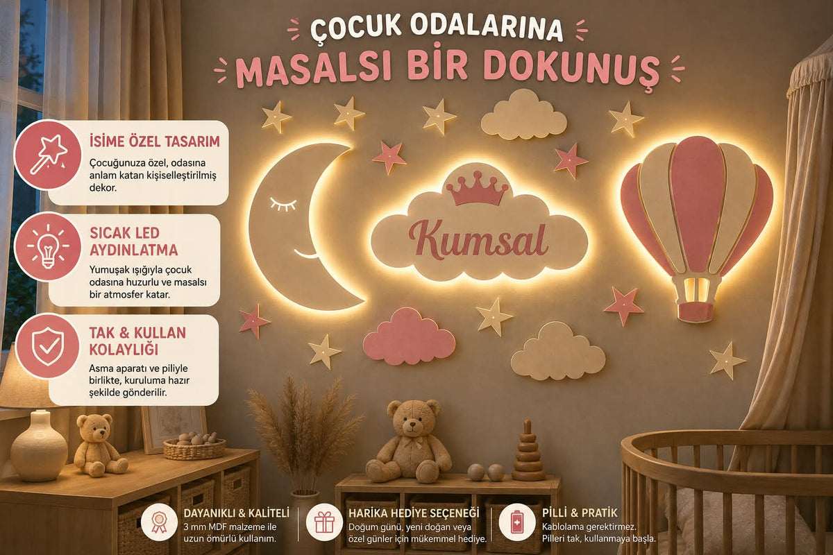 Kişiye Özel LED Bebek Odası Duvar Dekoru | Ay, Bulut & Balon