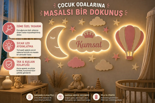 Kişiye Özel LED Bebek Odası Duvar Dekoru | Ay, Bulut & Balon