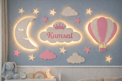 Kişiye Özel LED Bebek Odası Duvar Dekoru | Ay, Balon ve Bulut İsim Panosu