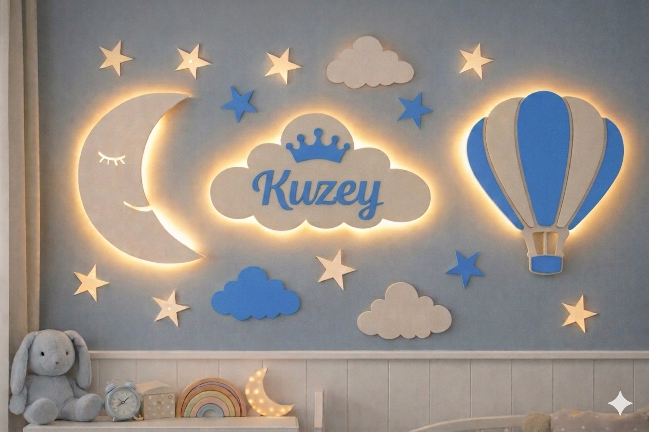 Kişiye Özel LED Bebek Odası Duvar Dekoru | Ay, Balon ve Bulut İsim Panosu